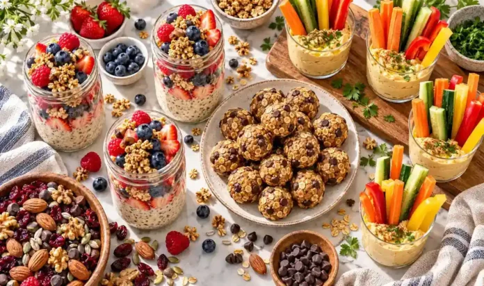 Spread of make-ahead afternoon snacks in glass containers and jars