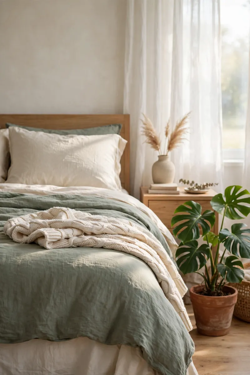 20 Master Bedroom Ideas With Plants and Natural Textures 8 A calm master bedroom bed with muted sage green linen bedding, cream sheets and a chunky knit throw folded across the foot, a monstera...