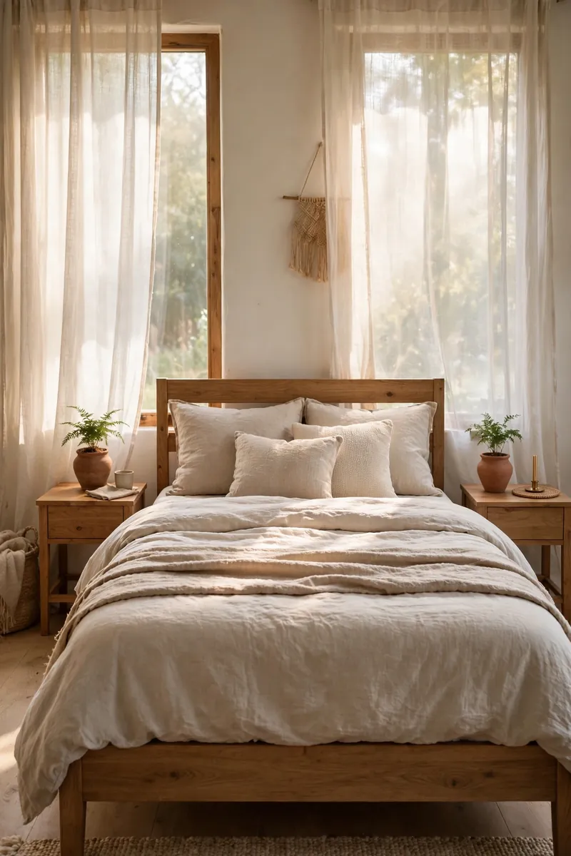 20 Master Bedroom Ideas With Plants and Natural Textures 1 A calm master bedroom with a wooden bed, two matching small clay pots with tiny ferns on each nightstand, soft morning light through...