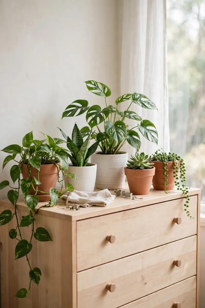 20 Master Bedroom Ideas With Plants and Natural Textures 3 A collection of white ceramic and natural terracotta pots with green bedroom plants on a light wooden dresser, soft daylight from a...