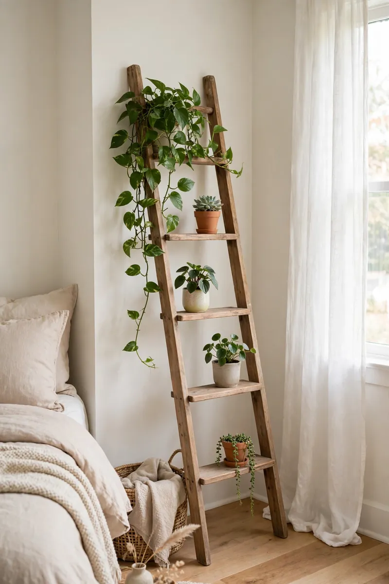20 Master Bedroom Ideas With Plants and Natural Textures 6 A leaning wooden ladder shelf in a master bedroom corner holding five small potted plants at different heights, trailing pothos spilling...