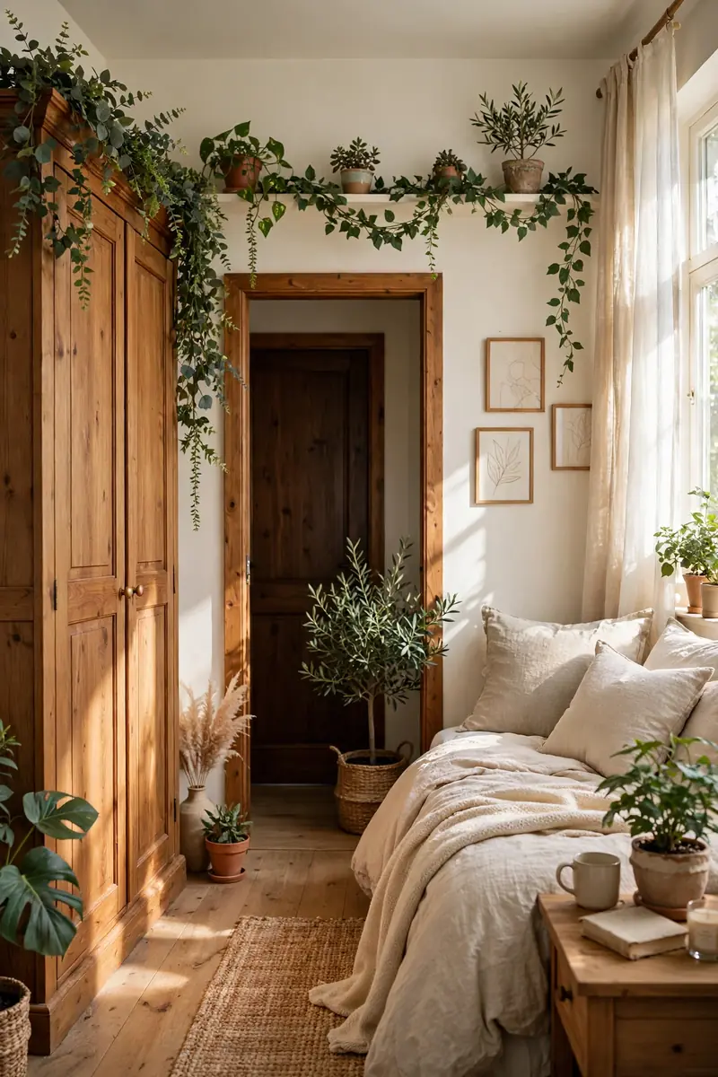 20 Master Bedroom Ideas With Plants and Natural Textures 5 A serene master bedroom with a faux green vine garland draped over the top of a wooden wardrobe and along a high shelf above the door,...