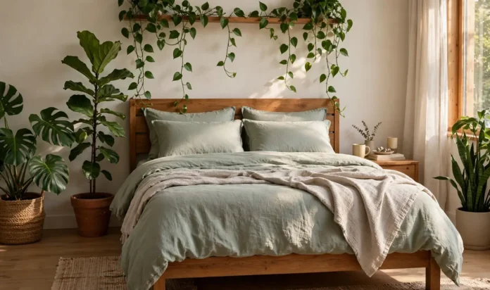 A serene master bedroom with large green plants, a tall A serene master bedroom with large green plants, a tall fiddle-leaf fig in a clay pot beside a wooden bed with sage linen bedding,...