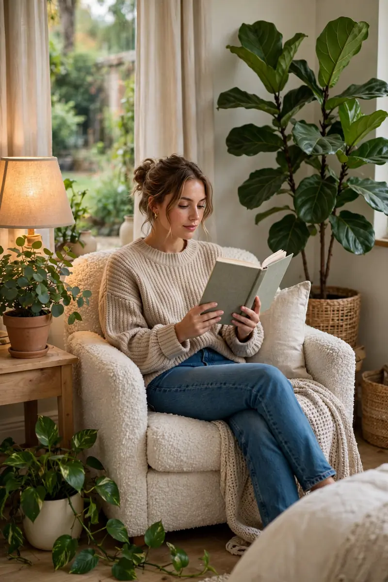 20 Master Bedroom Ideas With Plants and Natural Textures 2 A young woman in a cozy beige knit sweater and jeans reading a book in an armchair, surrounded by a tall fiddle-leaf fig behind the...