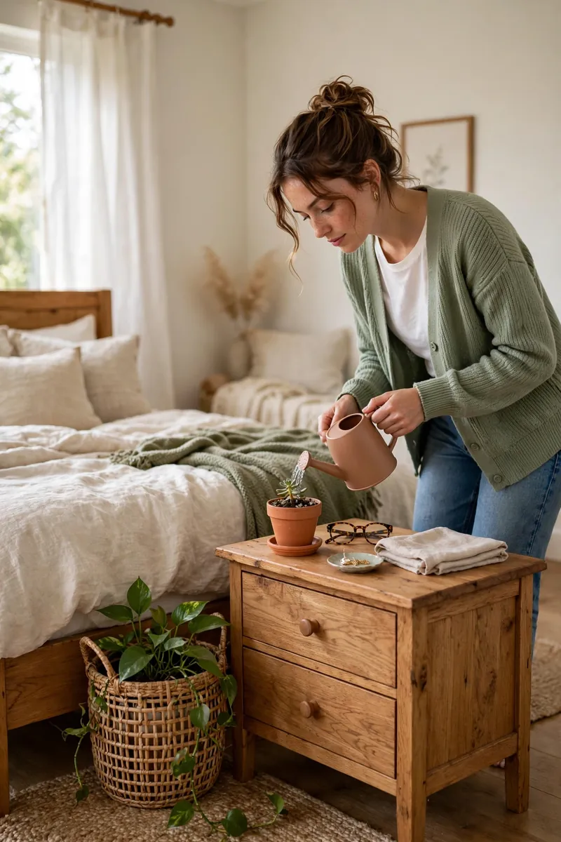 20 Master Bedroom Ideas With Plants and Natural Textures 7 A young woman in a soft sage cardigan and jeans watering a small plant in a terracotta pot on an oak nightstand, warm wood textures,...
