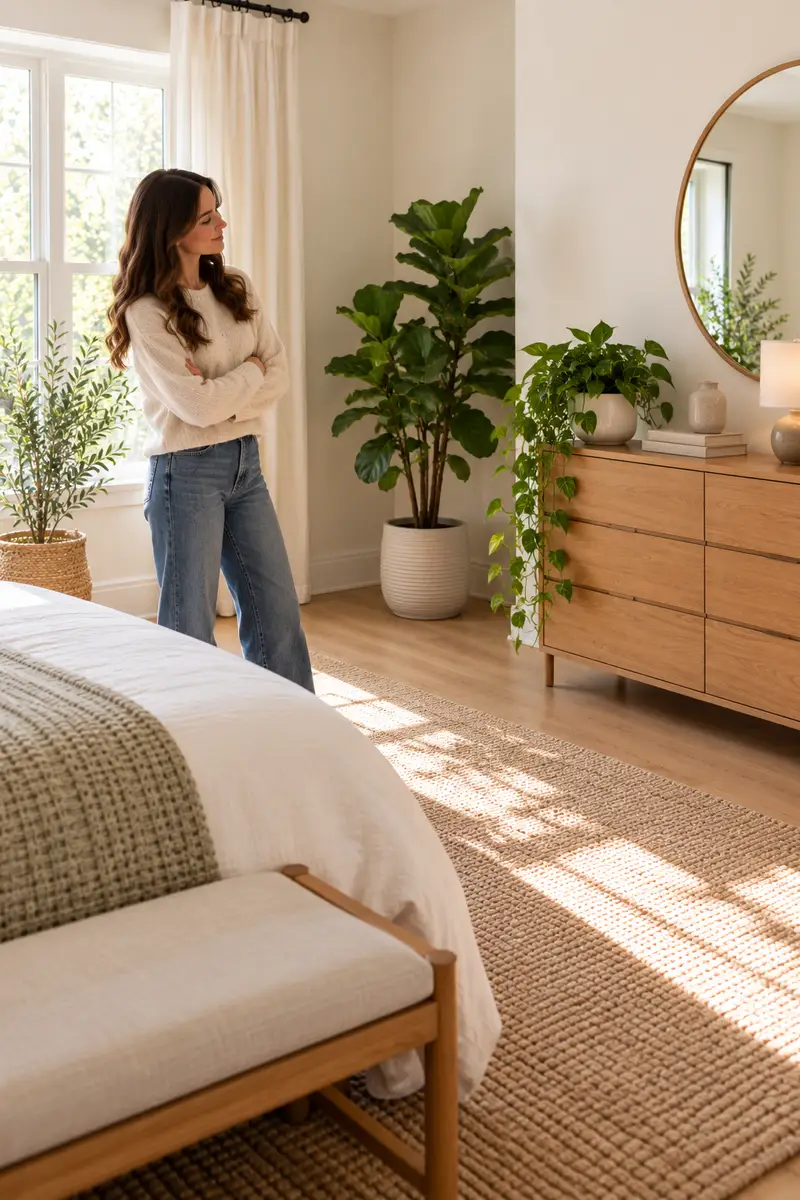 A woman in a cozy sweater and jeans standing back to admire her minimalist bedroom with plants placed away from the bed area