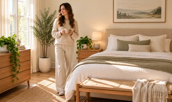 Woman standing in a serene minimalist bedroom with carefully placed plants in soft morning light