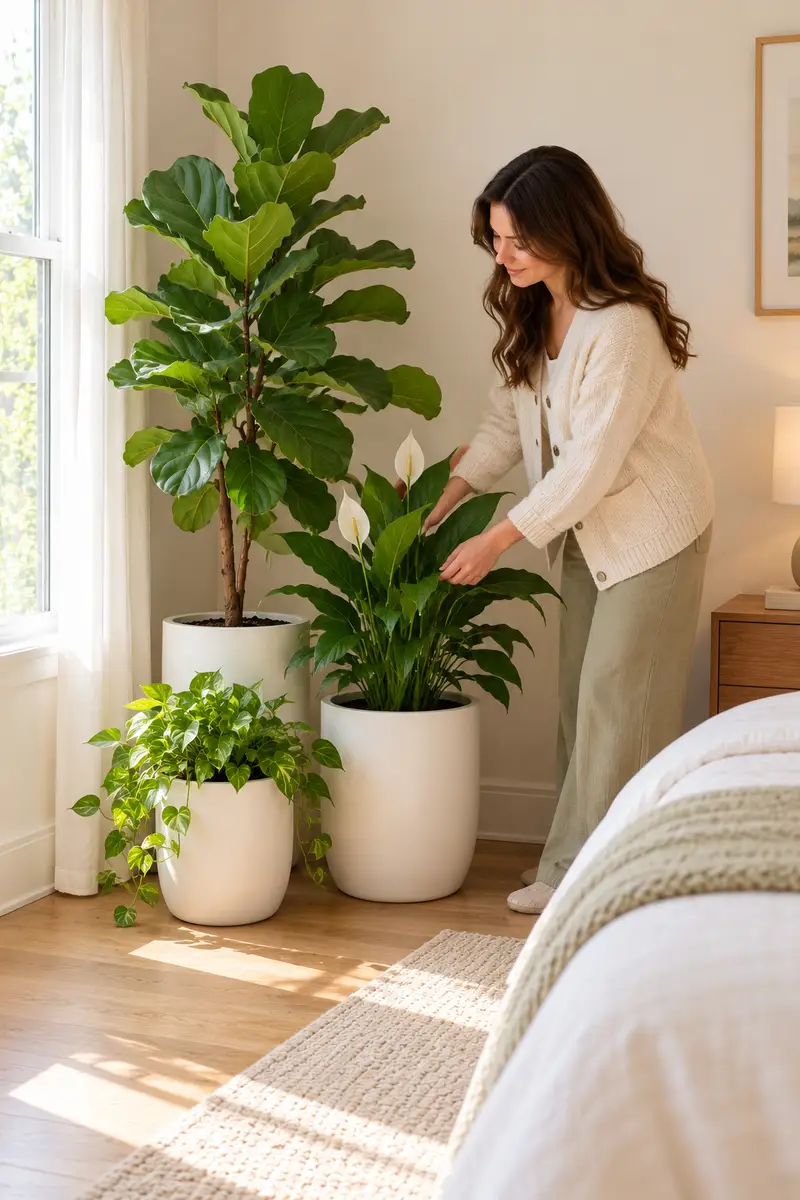 A woman in a cream cardigan and long pants arranging three plants of different heights in matching white pots in a bedroom corner