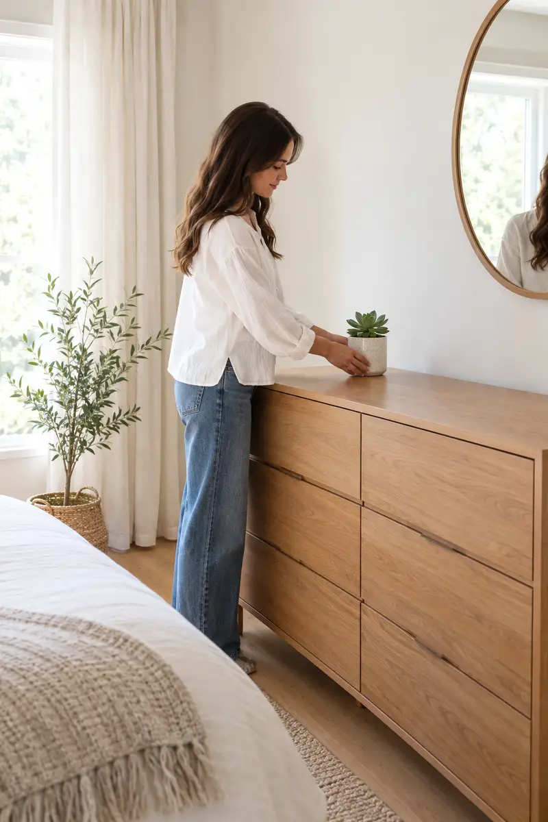 A woman in a white blouse and jeans placing a small potted succulent on an otherwise empty wooden dresser in a minimalist bedroom