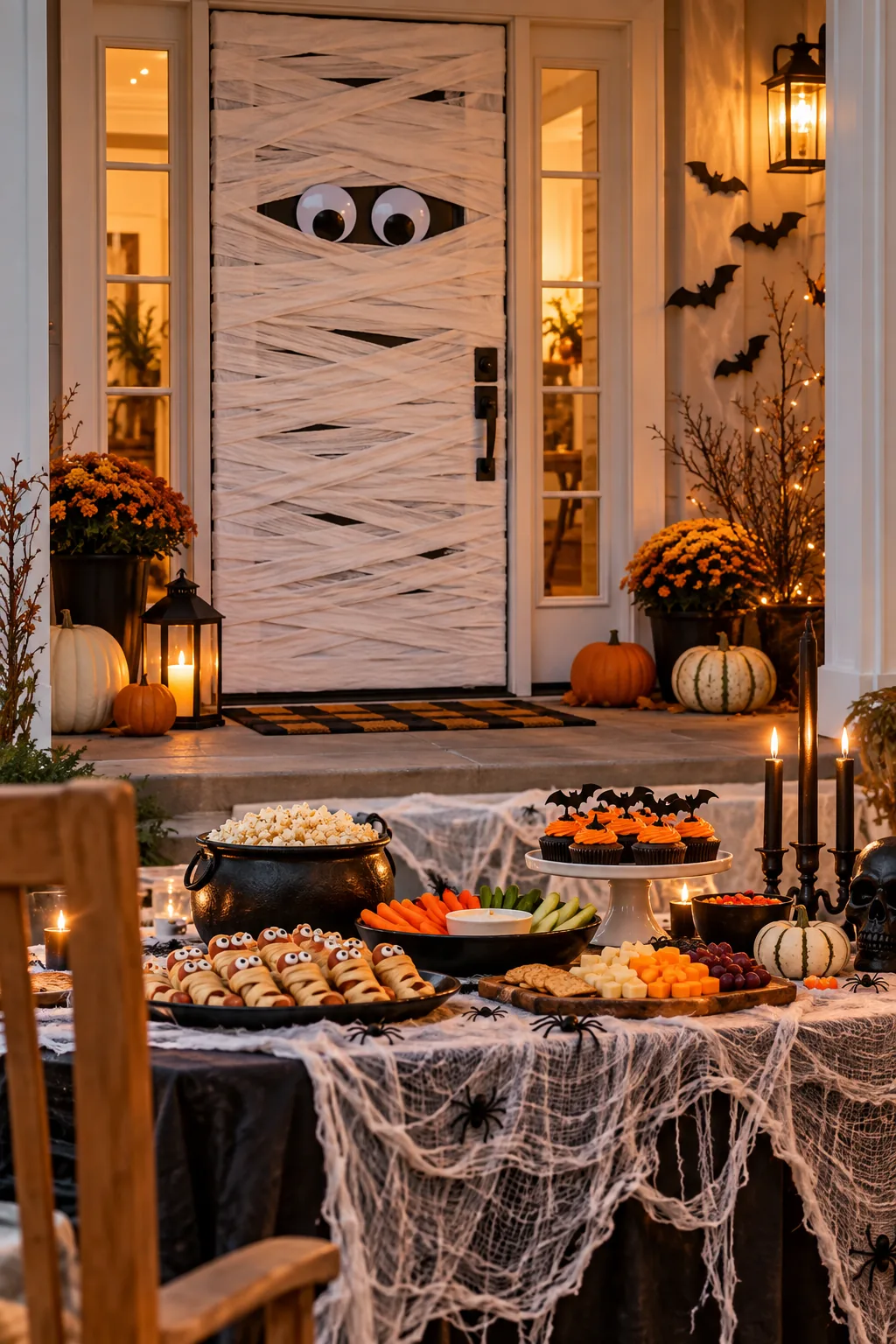 Mummy-wrapped front door and Halloween snack table decorated with cobwebs, pumpkins, and party food.