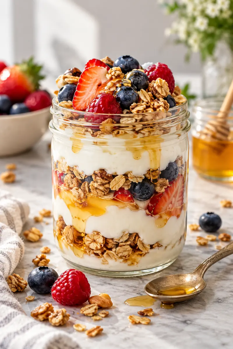 18 No-Cook Afternoon Snacks for Busy Days 1 Greek yogurt parfait layered with granola and honey in a clear glass jar