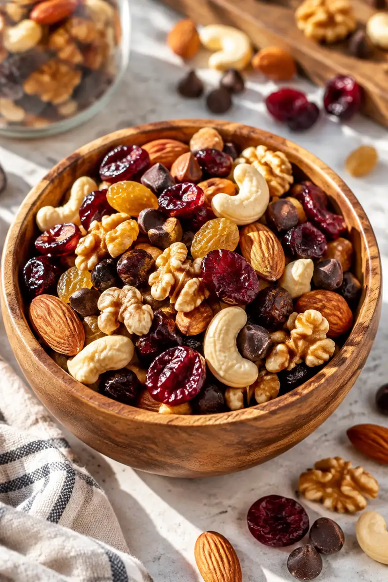 18 No-Cook Afternoon Snacks for Busy Days 2 Homemade trail mix with nuts, dried fruit and chocolate chips in a small wooden bowl