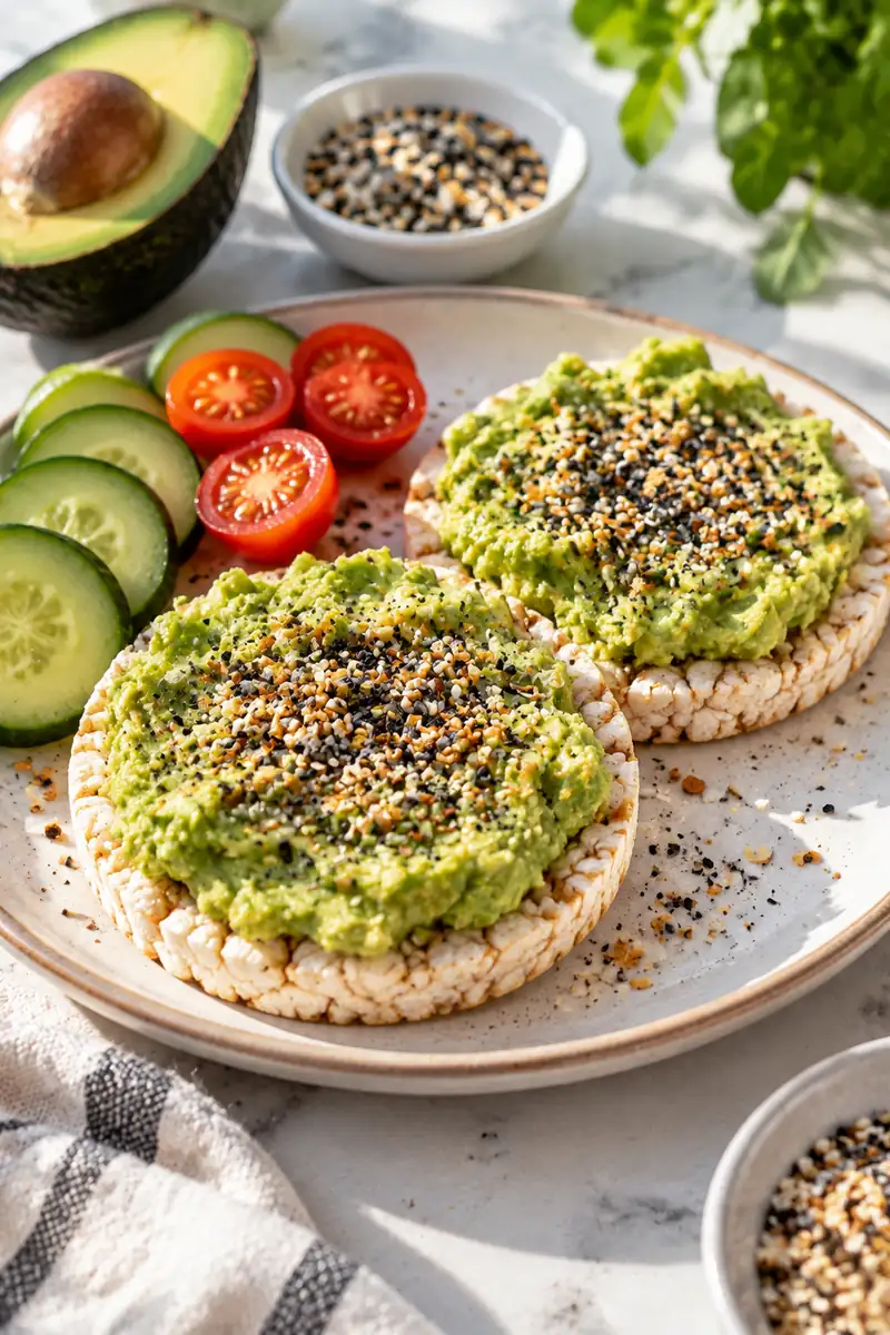 18 No-Cook Afternoon Snacks for Busy Days 3 Rice cakes topped with smashed avocado and everything bagel seasoning on a plate