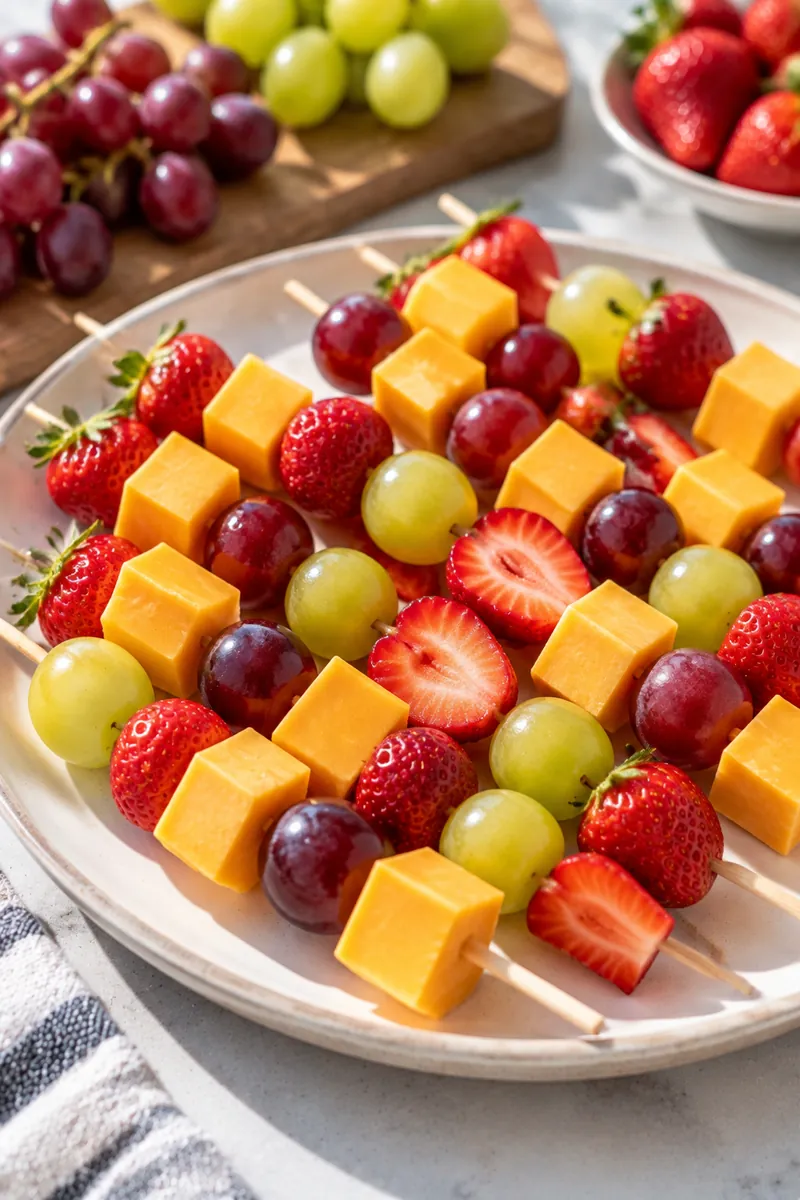 18 No-Cook Afternoon Snacks for Busy Days 5 Cheddar cubes, grapes and strawberries threaded on wooden skewers