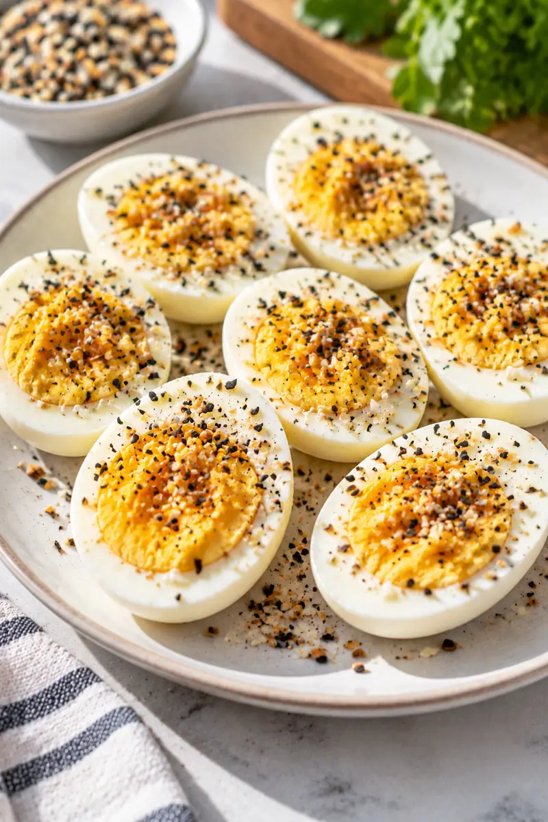 18 No-Cook Afternoon Snacks for Busy Days 6 Halved hard-boiled eggs sprinkled with everything bagel seasoning