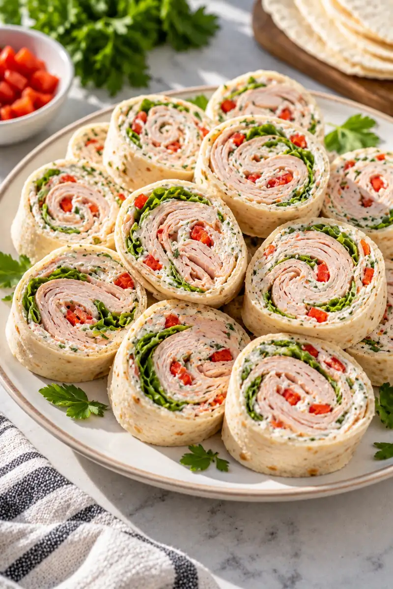 18 No-Cook Afternoon Snacks for Busy Days 7 Sliced turkey and cream cheese tortilla pinwheels arranged on a plate