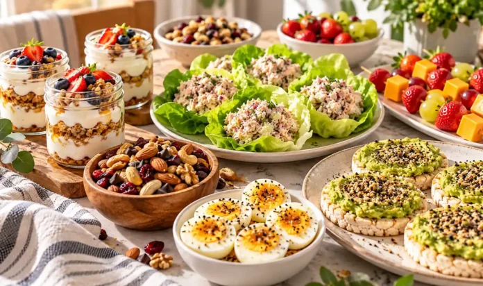 No-Cook Afternoon Snacks: An inviting spread of no-cook afternoon snacks (yogurt parfait jars, t An inviting spread of no-cook afternoon snacks (yogurt parfait jars, trail mix bowls, lettuce cups, skewers) on a kitchen table in bright natural light