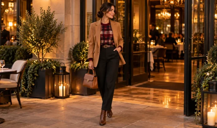 A flat-lay scene on a cream background: one folded red-and-black plaid crewneck sweater in the center surrounded by outfit pieces...