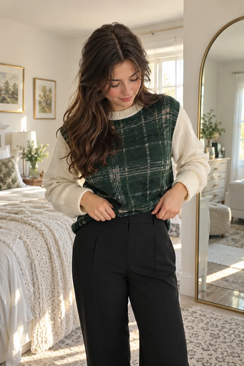 A modestly dressed young woman in a red-and-black plaid sweater with a small front tuck, dark-wash straight-leg jeans, and brown leather...