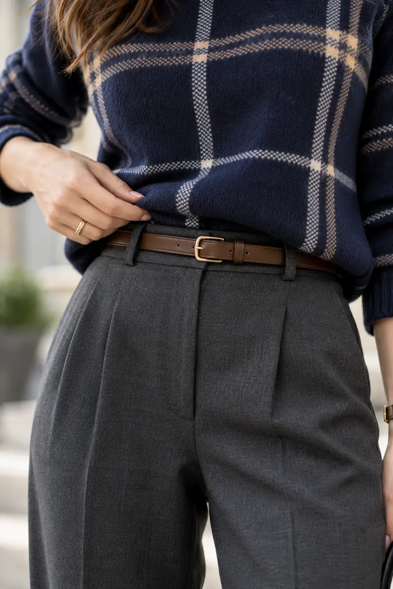 A modestly dressed young woman in a red-and-black plaid sweater tucked into black tailored ankle-length trousers, black leather loafers,...