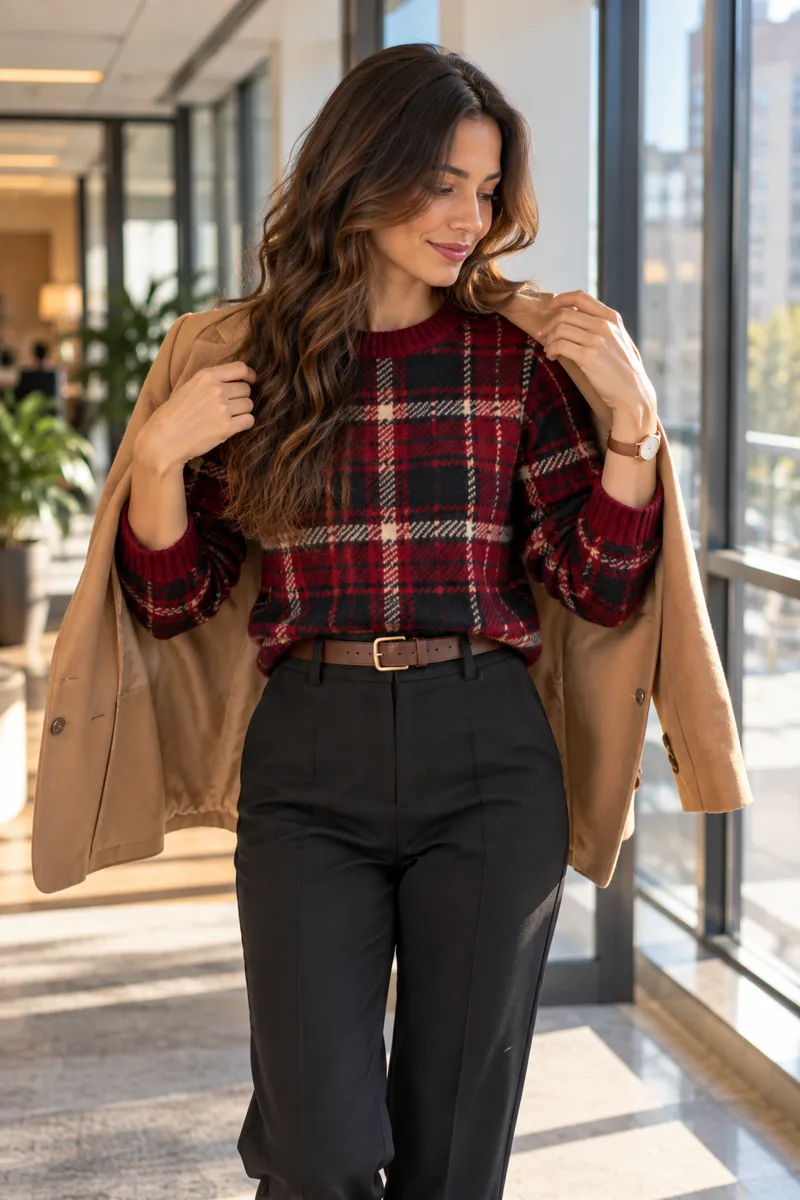 A modestly dressed young woman in a red-and-black plaid sweater tucked into a black A-line skirt, opaque black tights, black ankle boots...