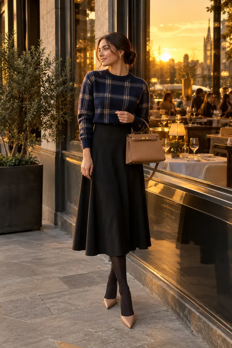 A modestly dressed young woman in a red-and-black plaid sweater with a long solid cream open cardigan falling to mid-thigh, medium-wash...
