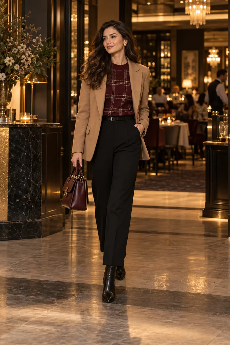 A modestly dressed young woman in a red-and-black plaid sweater tucked into a black satin midi skirt, opaque black tights, black...