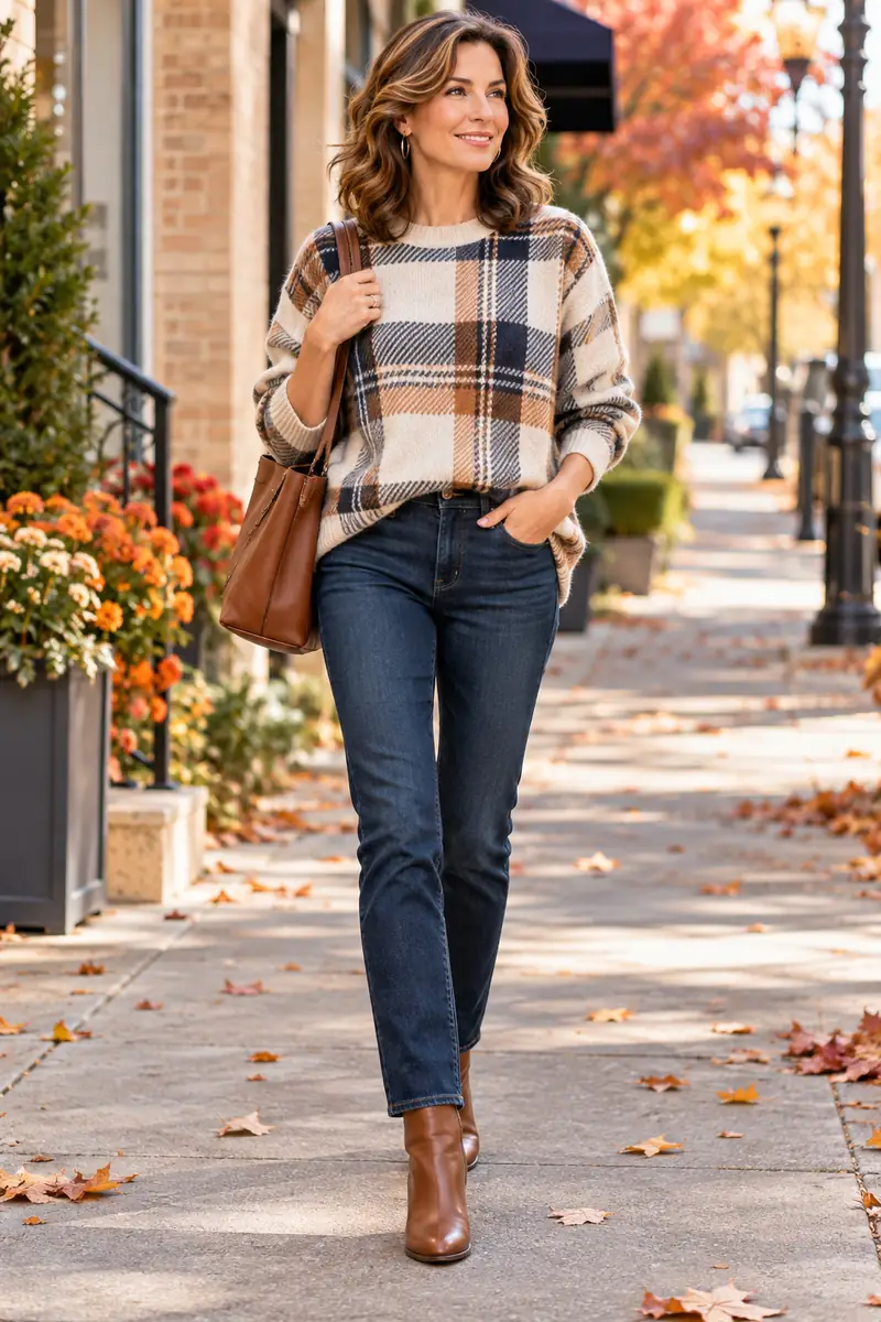 Plaid sweater with dark clean denim jeans and leather boots