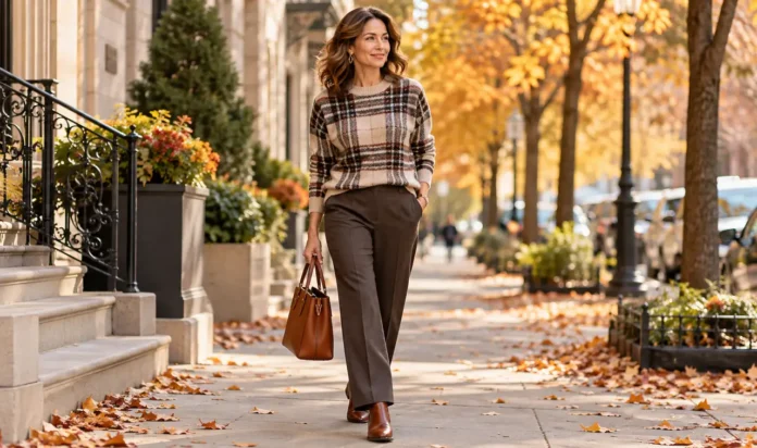 Elegant woman over 40 in a plaid sweater and tailored trousers in fall