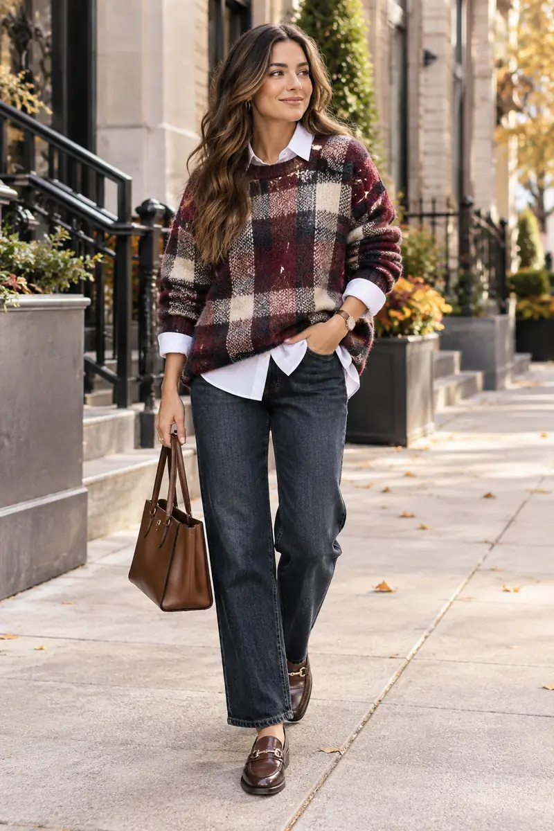 17 Oversized Plaid Sweater Outfits That Don't Look Bulky 6 Oversized plaid sweater layered over a collared shirt with jeans