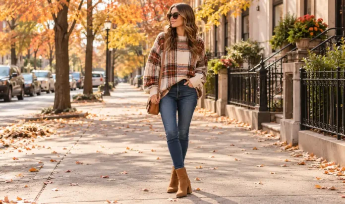 Oversized Plaid Sweater Outfits Featured Woman in an oversized plaid sweater with skinny jeans on an autumn street