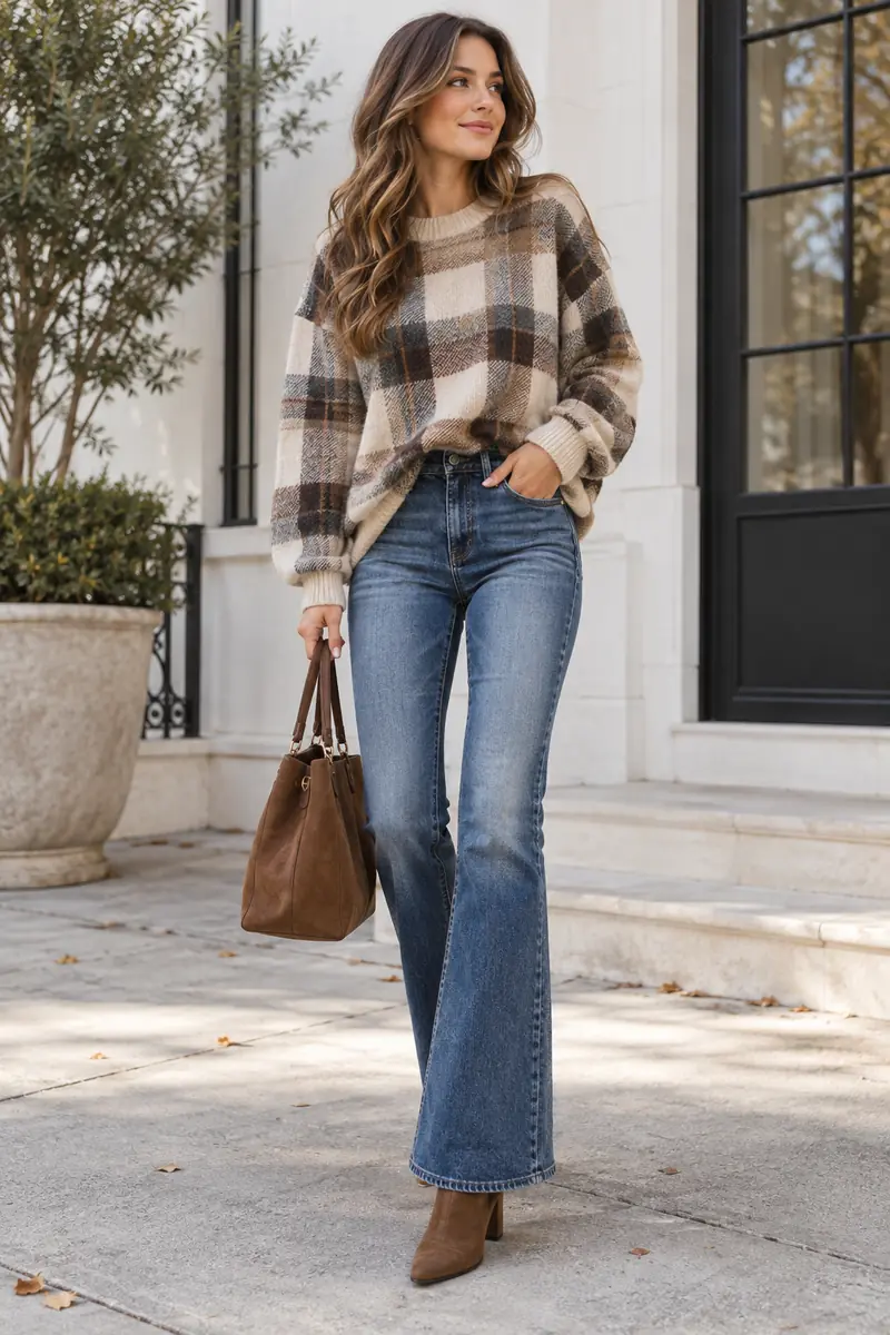 17 Oversized Plaid Sweater Outfits That Don't Look Bulky 2 Oversized plaid sweater with a front tuck and bootcut jeans