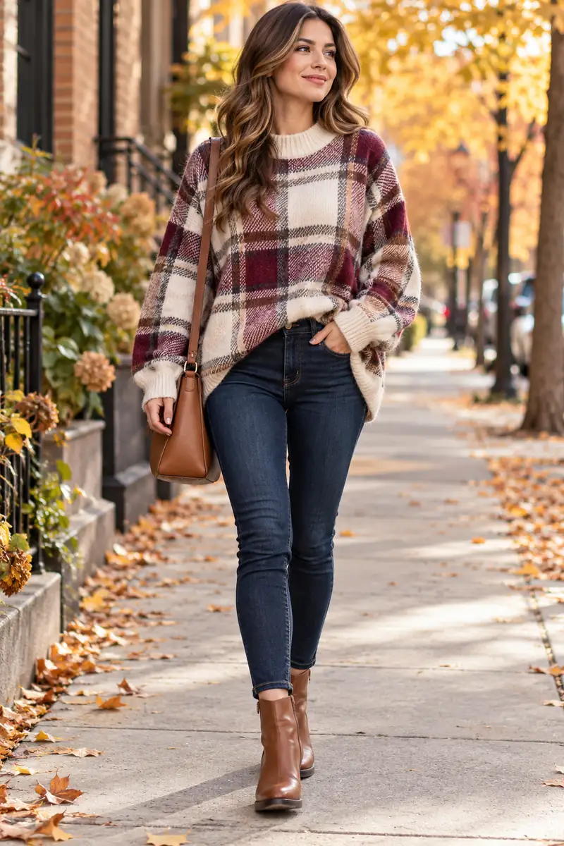17 Oversized Plaid Sweater Outfits That Don't Look Bulky 1 Oversized plaid sweater with a half tuck styled with skinny jeans