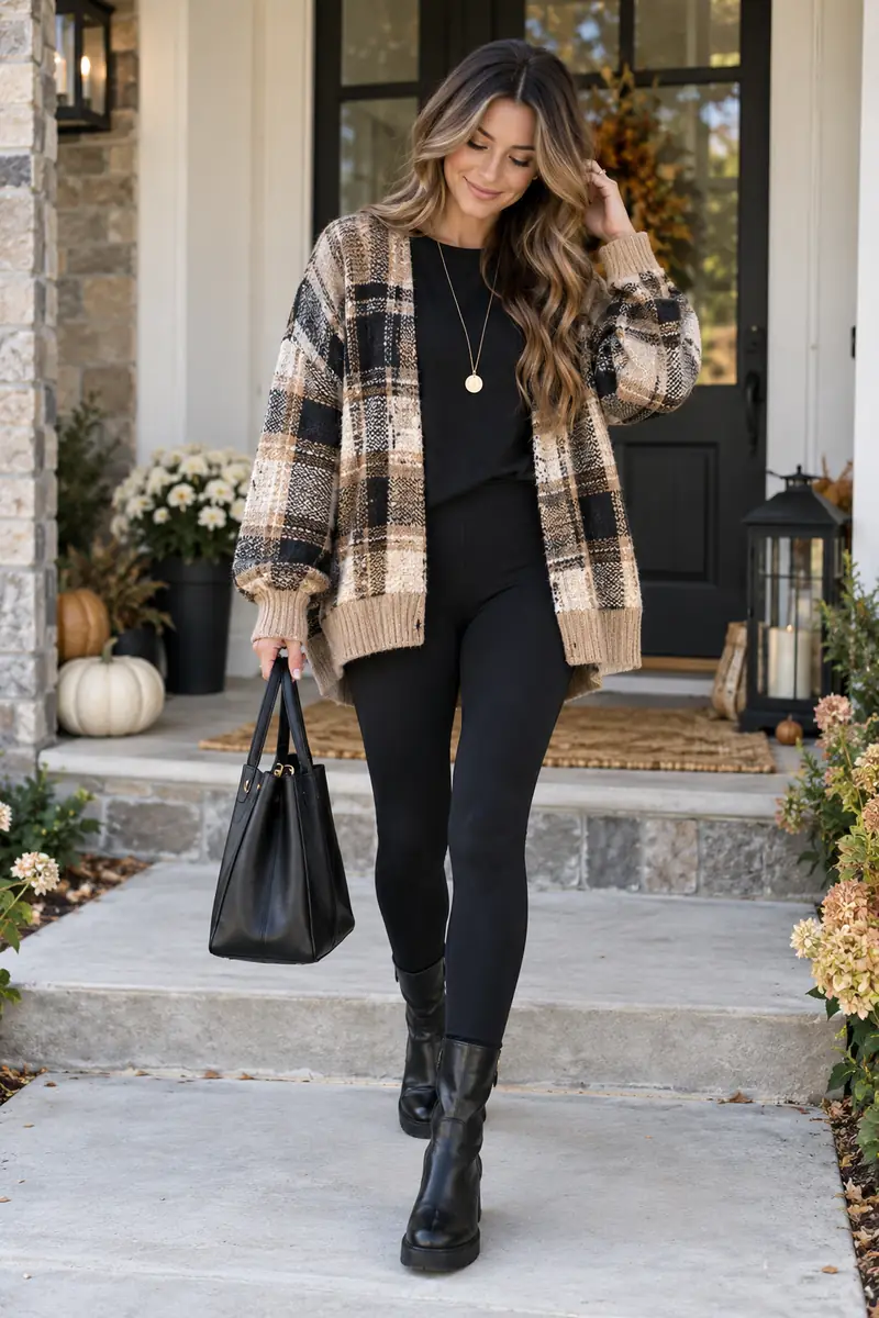 17 Oversized Plaid Sweater Outfits That Don't Look Bulky 4 Oversized plaid sweater over a black monochrome base with boots