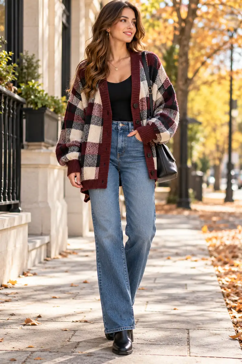 17 Oversized Plaid Sweater Outfits That Don't Look Bulky 7 Oversized plaid V neck cardigan worn open over a fitted top