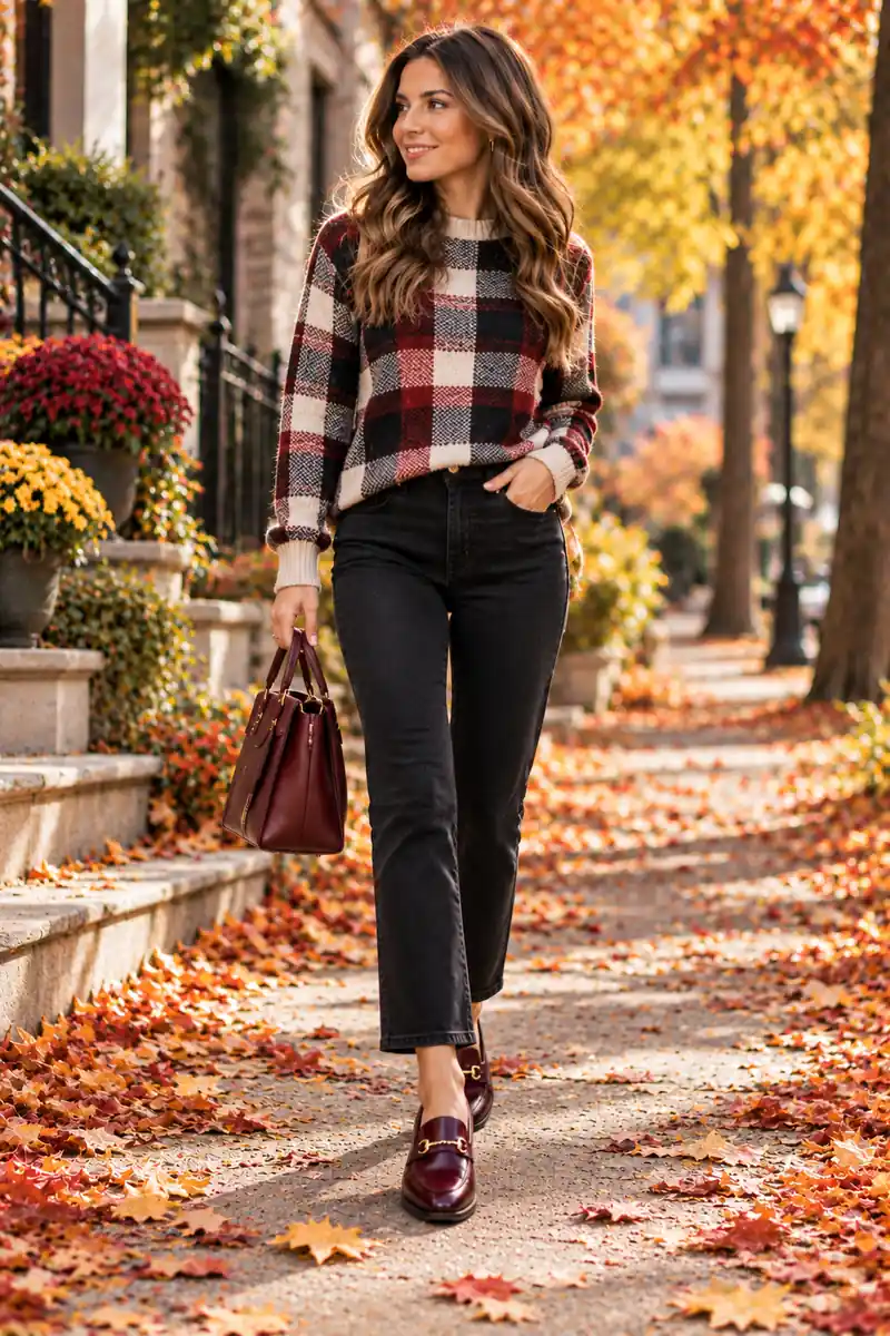 15 Black Jeans and Plaid Sweater Looks That Always Work 5 Woman wearing a plaid sweater with black jeans and burgundy loafers