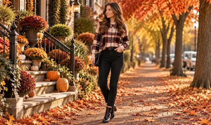 Plaid Sweater With Black Jeans - Plaid Sweater With Black Jeans Fall Outfit Woman in a plaid sweater and black jeans with ankle boots on a fall street