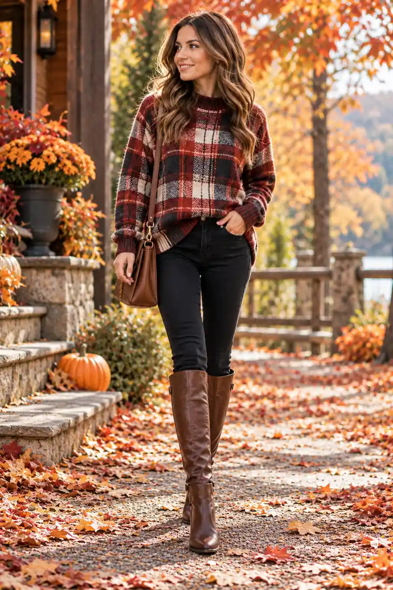 15 Black Jeans and Plaid Sweater Looks That Always Work 3 Woman wearing a flannel-look plaid sweater with black jeans and knee-high brown boots
