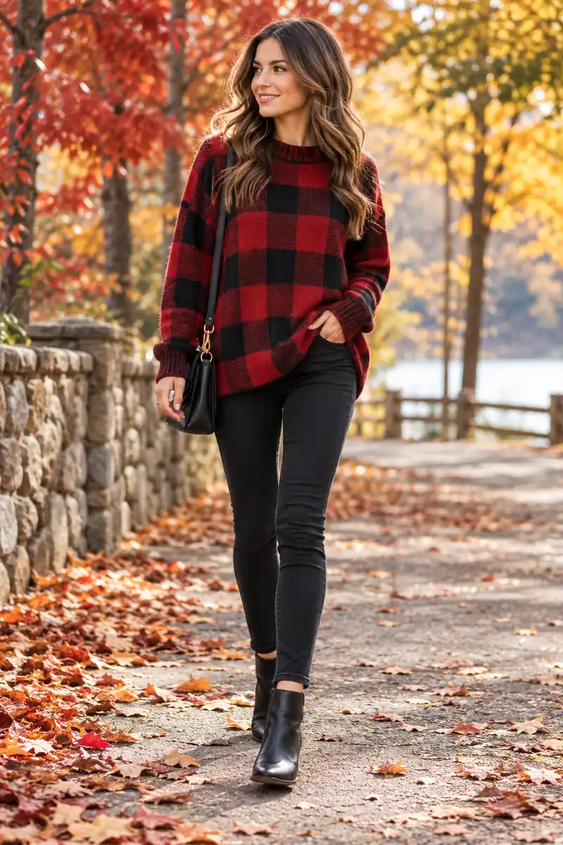 15 Black Jeans and Plaid Sweater Looks That Always Work 1 Woman wearing an oversized red and black plaid sweater with black skinny jeans and ankle boots