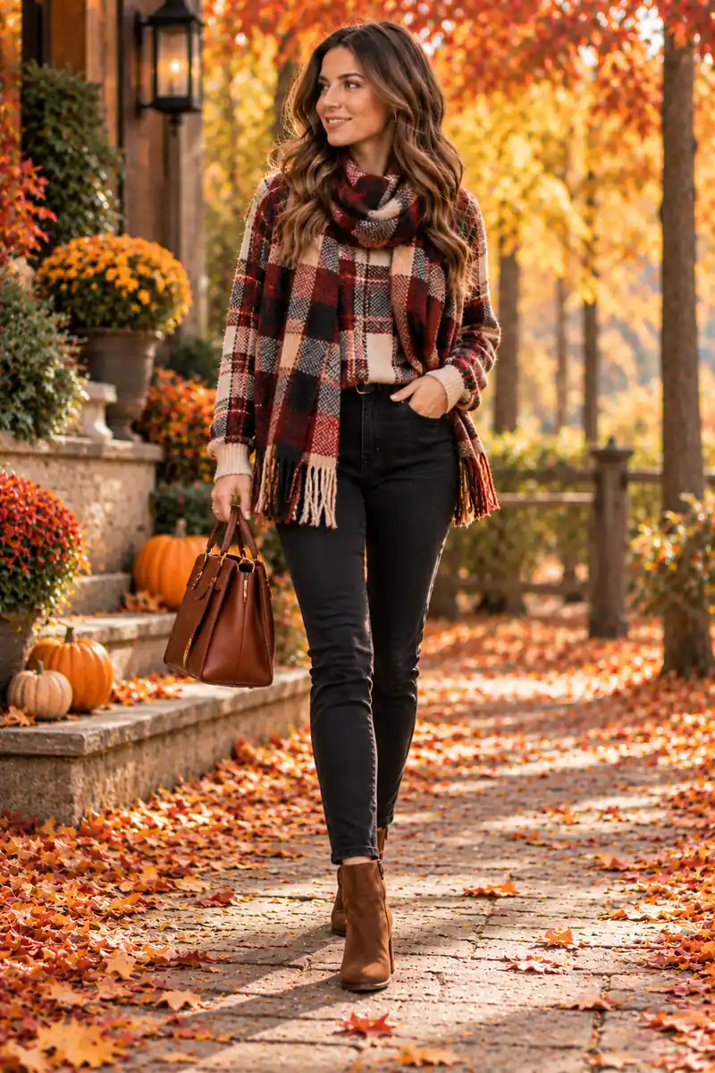 15 Black Jeans and Plaid Sweater Looks That Always Work 7 Woman wearing a plaid sweater with black jeans and a chunky statement scarf