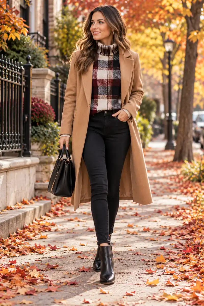 15 Black Jeans and Plaid Sweater Looks That Always Work 2 Woman in a plaid turtleneck sweater with black jeans and a long camel coat
