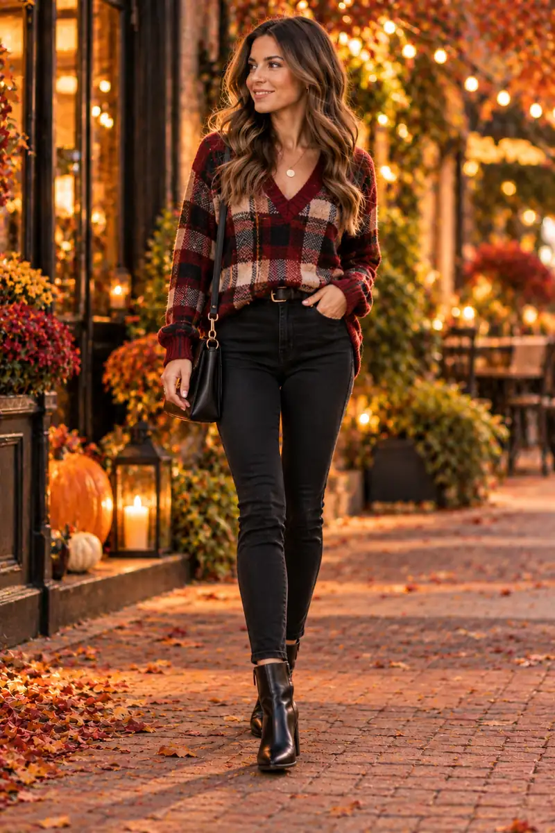15 Black Jeans and Plaid Sweater Looks That Always Work 6 Woman in a plaid v-neck sweater with black jeans and heeled ankle boots