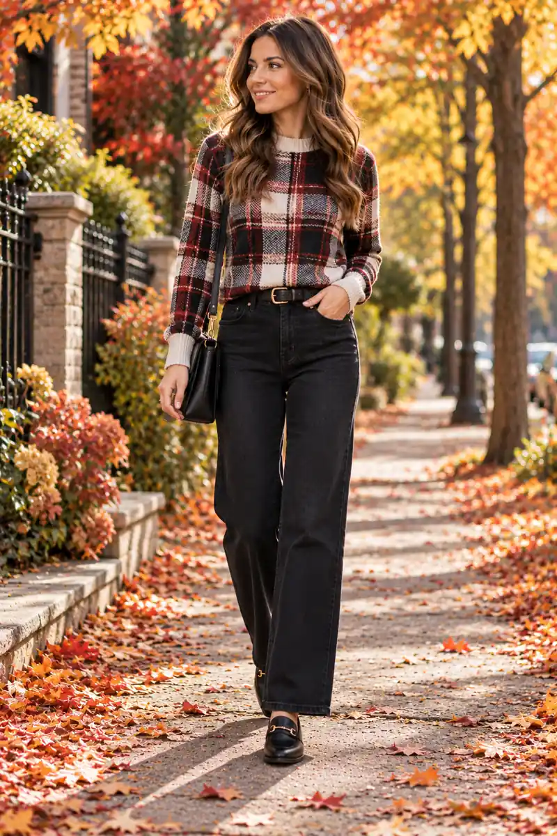 15 Black Jeans and Plaid Sweater Looks That Always Work 4 Woman in a fitted plaid crewneck sweater with black wide-leg jeans and loafers