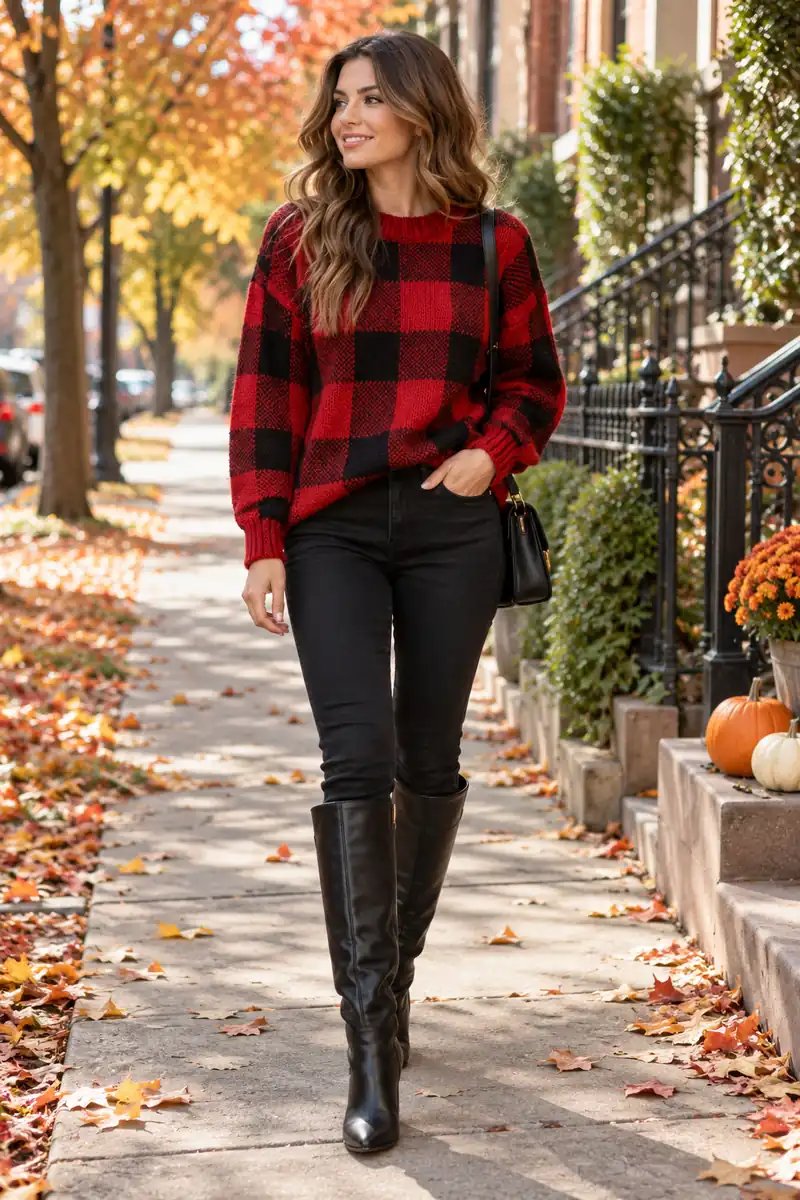 21 Cozy Plaid Sweater Looks With Jeans and Boots 1 Woman in red buffalo plaid sweater with black skinny jeans and knee high boots