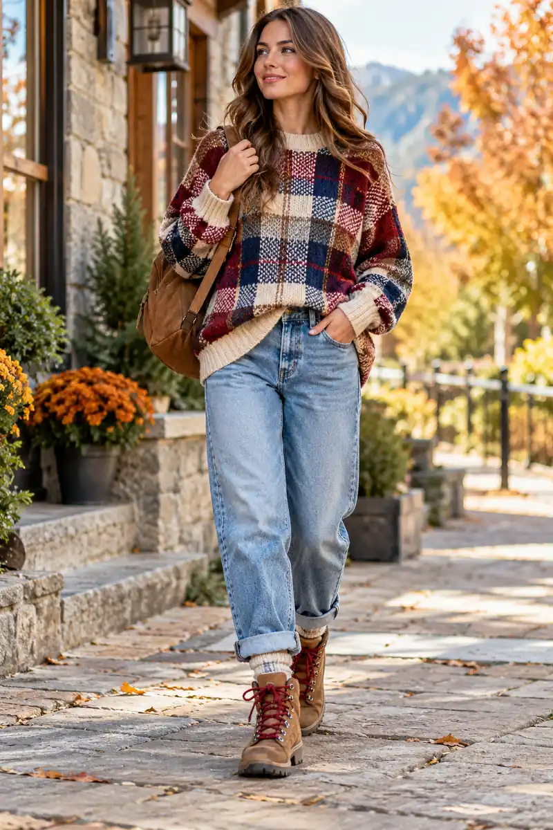 21 Cozy Plaid Sweater Looks With Jeans and Boots 4 Chunky plaid knit sweater with boyfriend jeans and hiking boots