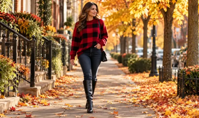 Plaid Sweater With Jeans and Boots Featured Woman in red buffalo plaid sweater with jeans and boots on an autumn street
