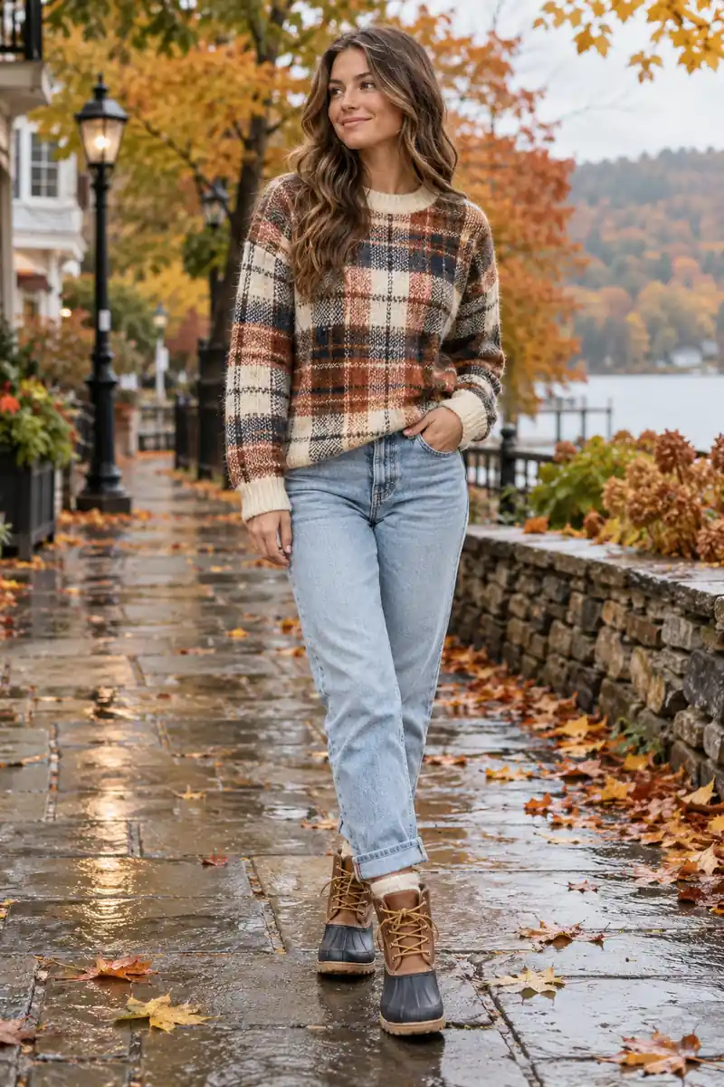 21 Cozy Plaid Sweater Looks With Jeans and Boots 3 Flannel style plaid knit sweater with light wash jeans and duck boots