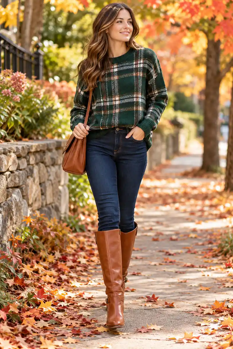 21 Cozy Plaid Sweater Looks With Jeans and Boots 5 Green plaid sweater with dark jeans and brown riding boots