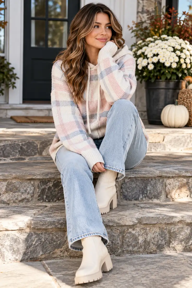 21 Cozy Plaid Sweater Looks With Jeans and Boots 9 Soft plaid hoodie sweater with light jeans and cream boots