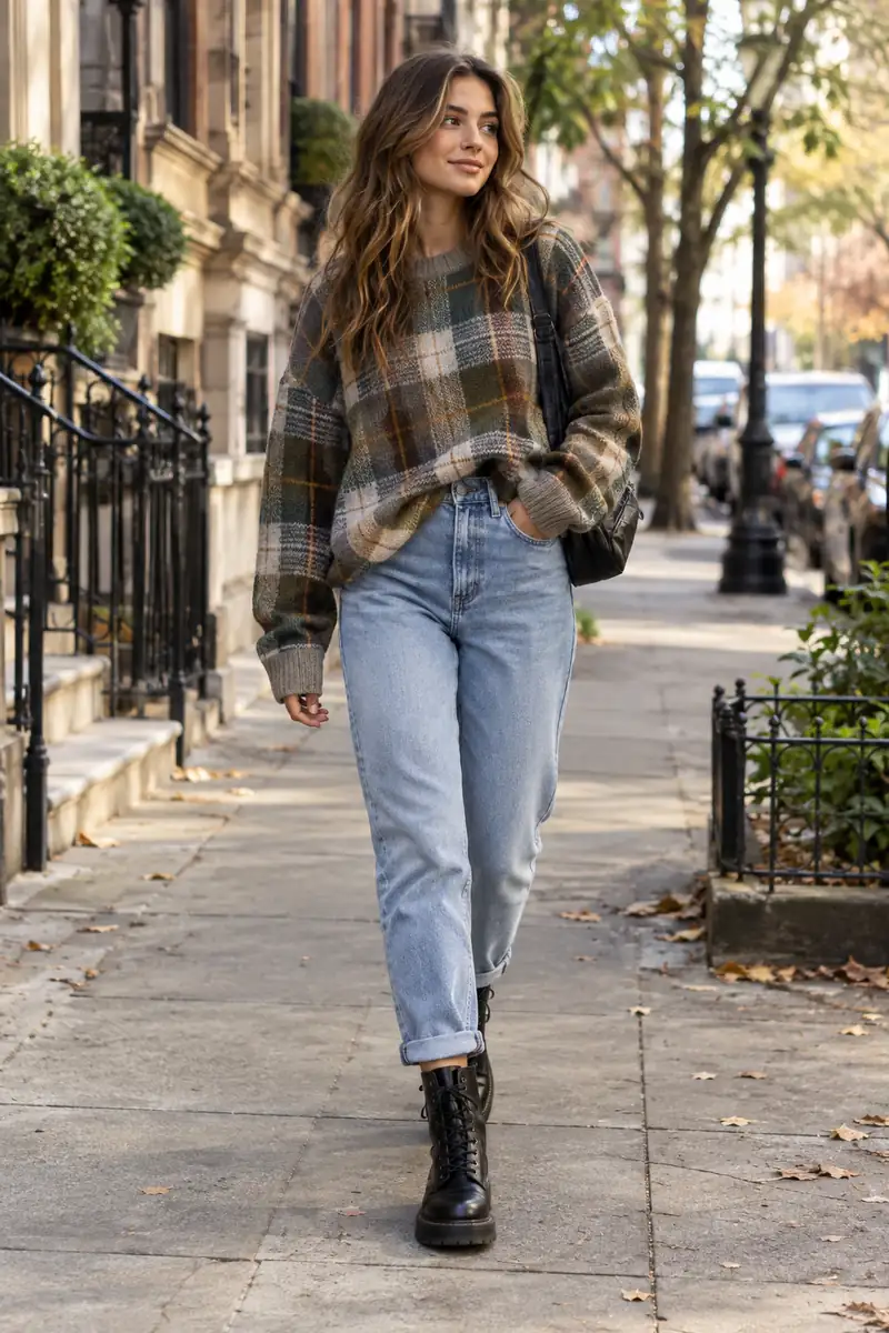 21 Cozy Plaid Sweater Looks With Jeans and Boots 2 Oversized plaid sweater with mom jeans and black combat boots